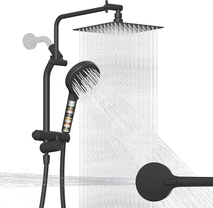 Metal 10" Rain Showerhead with 10-Spray Filter Handheld, 4-way Diverter | Matte Black Finish, Upgraded High Pressure Shower Head with Pause Mode, 71" Stainless Steel Hose/12" Extension Arm