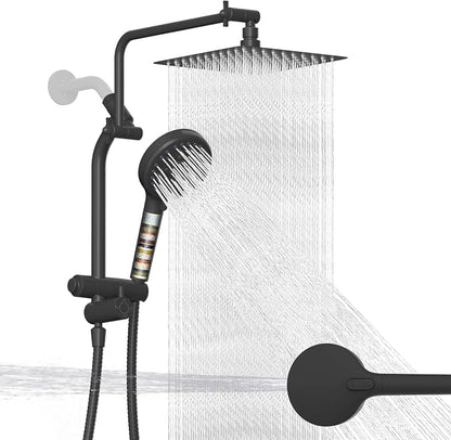 Metal 10" Rain Showerhead with 10-Spray Filter Handheld, 4-way Diverter | Matte Black Finish, Upgraded High Pressure Shower Head with Pause Mode, 71" Stainless Steel Hose/12" Extension Arm