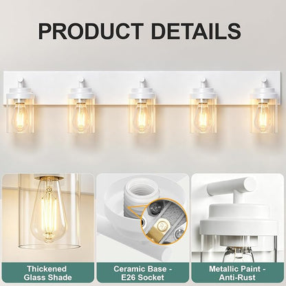 IZORRO Bathroom Vanity Light Fixture, 5-Light 36 Inch White Bathroom Light Fixtures Over Mirror, with Clear Glass Shade, Modern Farmhouse Vanity Lights, Rustic Restroom Lighting Fixtures