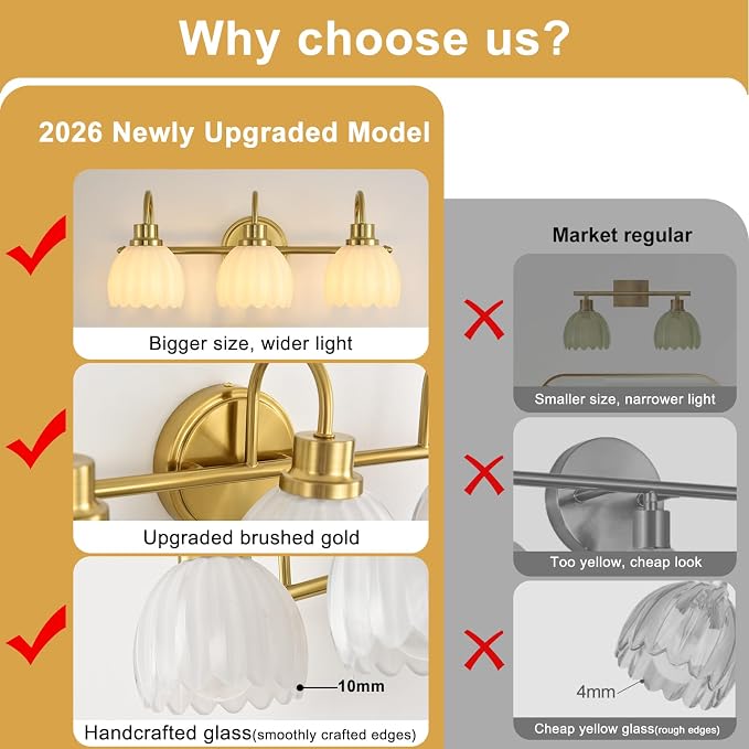 Bathroom Light Fixtures (3-Light, 20 Inch), Brushed Gold Vanity Lights for Bathroom with Ribbed Milk Tulip Glass Shade, Vintage Vanity Wall Lights for Mirror Bedroom Living Room Hallway