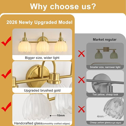 Bathroom Light Fixtures (3-Light, 20 Inch), Brushed Gold Vanity Lights for Bathroom with Ribbed Milk Tulip Glass Shade, Vintage Vanity Wall Lights for Mirror Bedroom Living Room Hallway
