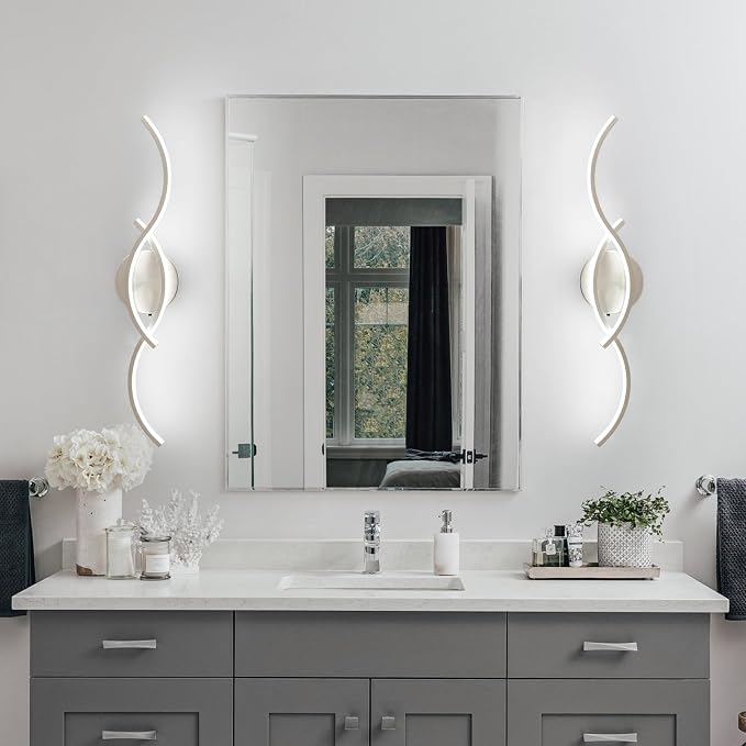 Brushed Nickel Curved 5CCT Bathroom Vanity Light Fixture Over Mirror, 23.62 inch Modern LED Wall Lamp Dimmable Bathroom Light Fixture Modern Wall Sconces