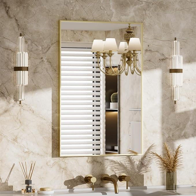 MZON 20" x 30" Brushed Gold Bathroom Vanity Mirror, Mirror for Over Sink | Aluminum Alloy Frame, Clear Reflection, Rust-Resistant, Vertical or Horizontal, Wall Mount, Bedroom and Entryway