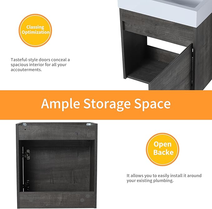 18" Floating Wall-Mount Bathroom Vanity with Ceramic Sink - Space-Saving Design, Soft-Close Doors & Waterproof Storage Cabinet for Small Bathrooms