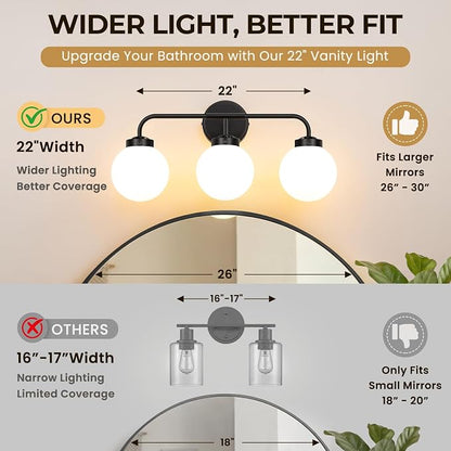 Modern Matte Black Bathroom Light Fixtures, 3-Light Vanity Lights Wall Sconce with Globe Milky White Glass Shade Over Mirror for Bathroom Hallway Living Room Bedroom