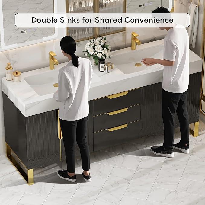 homary 60" Freestanding Bathroom Vanity Set with Double Sink, Modern Bathroom Sink Cabinet Storage Cabinet with Sintered Stone Countertop and Ample Storage, Black
