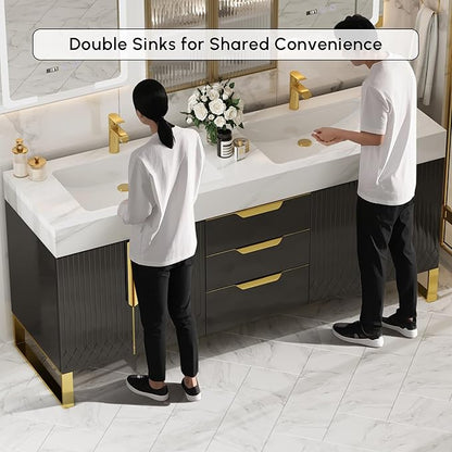 homary 60" Freestanding Bathroom Vanity Set with Double Sink, Modern Bathroom Sink Cabinet Storage Cabinet with Sintered Stone Countertop and Ample Storage, Black