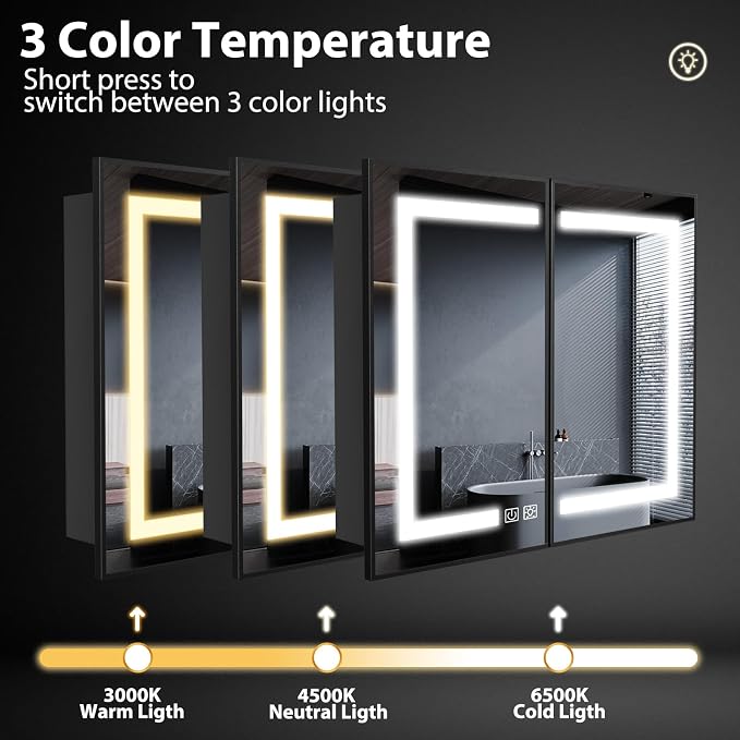 ROOMTEC 40 x 32 Inch Medicine Cabinet Mirror with LED Lights, Black Bathroom Medicine Cabinet with Mirror and Storage, Recessed or Wall Mount, 3 Color Temperature, Dimmable Light