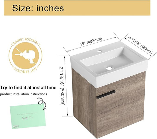 Malwee 18"" Bathroom Vanity with Sink, 18 Inch Floating Bathroom Vanity for Small Space, Single Sink Bathroom Vanity Combo, Modern Bathroom Vanity, Grey Wall Mounted Cabinet Set (HY, 19""*15"")