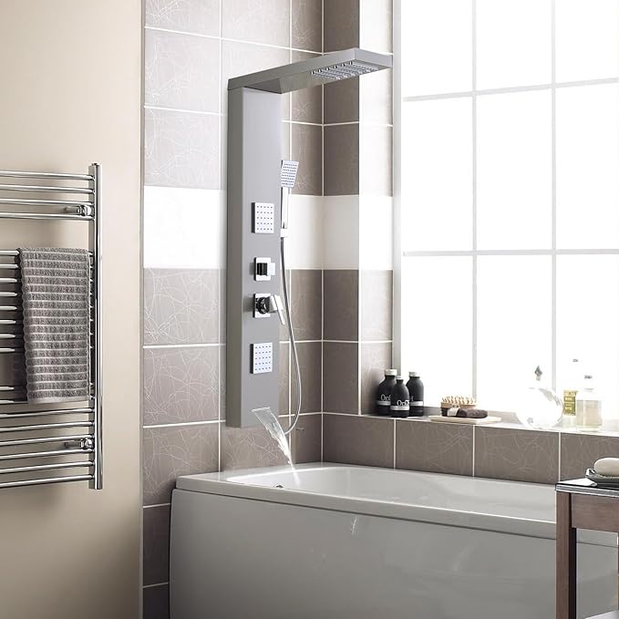 ROVOGO Shower Panel Tower System with High Pressure Shower Head, Body Jets, Handheld and Tub Spout, 46.5" Shower Column Stainless Steel with Mixer Valve, Brushed