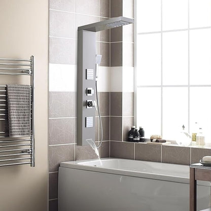 ROVOGO Shower Panel Tower System with High Pressure Shower Head, Body Jets, Handheld and Tub Spout, 46.5" Shower Column Stainless Steel with Mixer Valve, Brushed