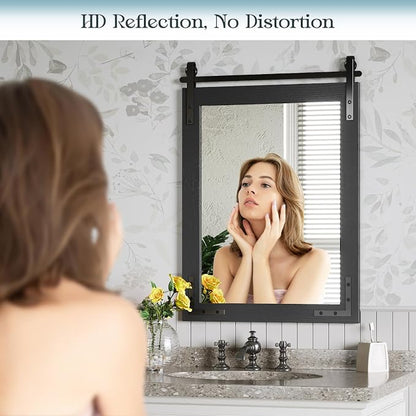 Farmhouse Bathroom Mirror, 22"x30" Black Rustic Farmhouse Mirror | Barn Door Vanity Wall Mirrors, Vintage Decorative Mirrors with Wood Frame for Entryway,Living Room,Bedroom,Fireplace Sink