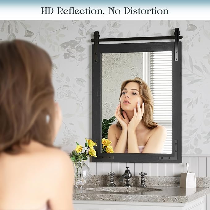 Farmhouse Mirror for Bathroom, 24"x32" Black Farmhouse Mirror with Rustic Wood Framed, Barn Door Vanity Mirrors for Wall, Vintage Decorative Mirrors for Entryway,Living Room,Bedroom