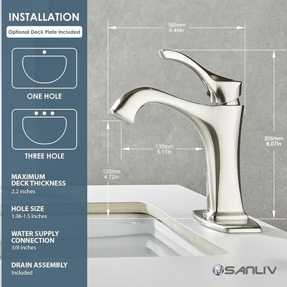 Brushed Nickel Bathroom Faucet, Sanliv Single Handle Centerset Bathroom Sink Faucet with Pop-Up Drain & Deck Plate for 1 or 3-Hole (4 inch) Installation, Modern Farmhouse Vanity Faucet Brushed Nickel