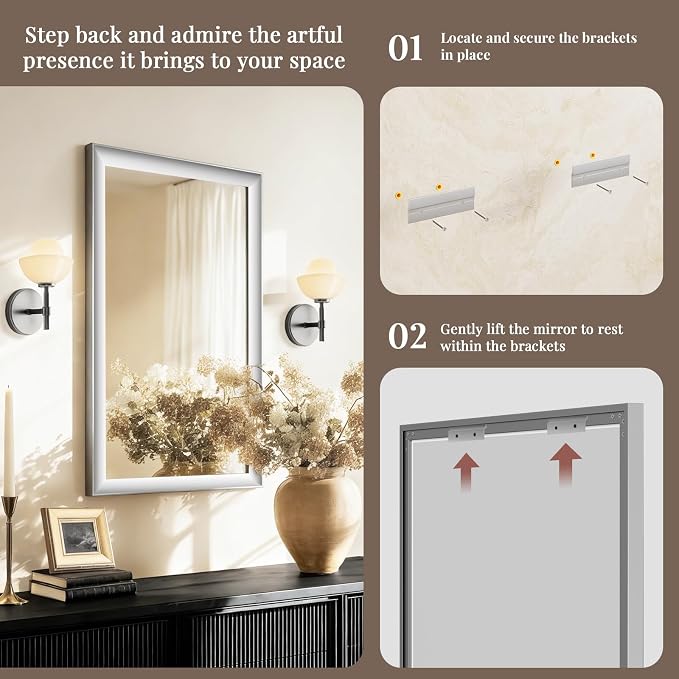 Brushed Nickel Bathroom Mirrors for Over Sink 22x30 Inch | Curved Aluminum Frame Rectangle Vanity Mirror for Bedroom Entryway, HD Tempered Glass, Anti-Rust, Horizontal or Vertical