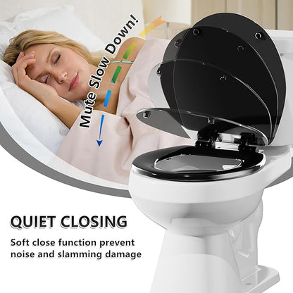 Angol Shiold Quiet-Close Molded Wood Toilet Seat with Non-Slip Adjustable Hinges, Anti-Pinch Bumpers, Easy Install & Clean（Black, Round 16.5''）