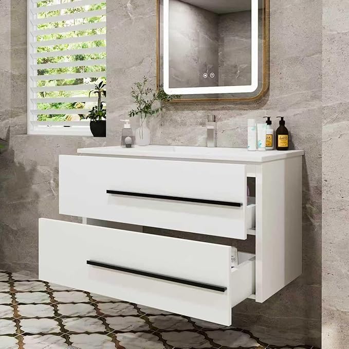 36" Floating Bathroom Vanity, Modern Wall Mounted Bathroom Vanity Storage Cabinet with Double Drawers & Black Handles,Bathroom Sink Cabinet for Small Space Luxury (White Without Sink, 36")