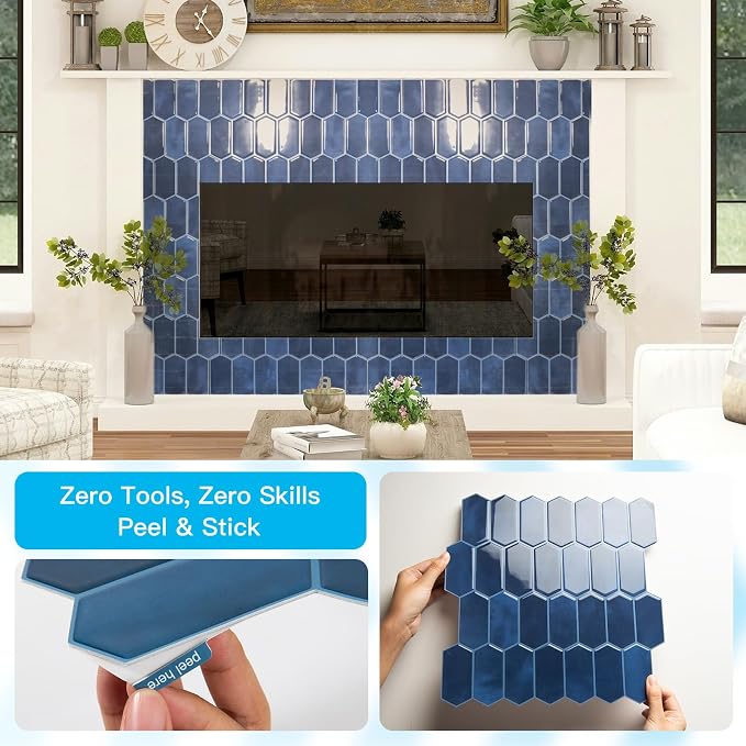 Art3d Hexagon Tile Peel and Stick Backsplash, 10-Pack, 12" x 12", Dark Blue | Superior Thickness, Reliable Adhesion, Warp Resistant, Minimalist Style, Easy to Install, for Kitchen Countertops, Bedroom