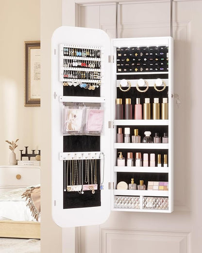 LVSOMT 6 LEDs Mirror Jewelry Cabinet Door Hanging, 42.5", Lockable, White | Jewelry Organizer with Full Length Mirror, Wall Mounted Large Jewelry Storage for Earrings, Rings, Necklaces