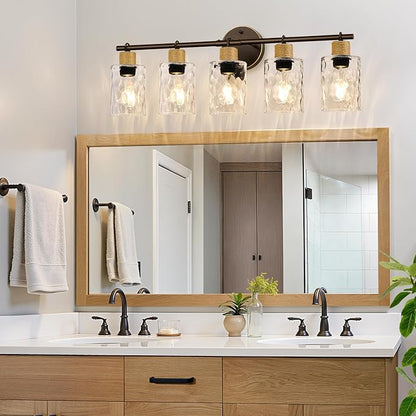 Bathroom Light Fixtures, 5-Light Coastal Vanity Lights with Crystal Glass Shade, Oil-Rubbed Bronze Bathroom Wall Lamp for Mirror Kitchen Hallway Cabinet