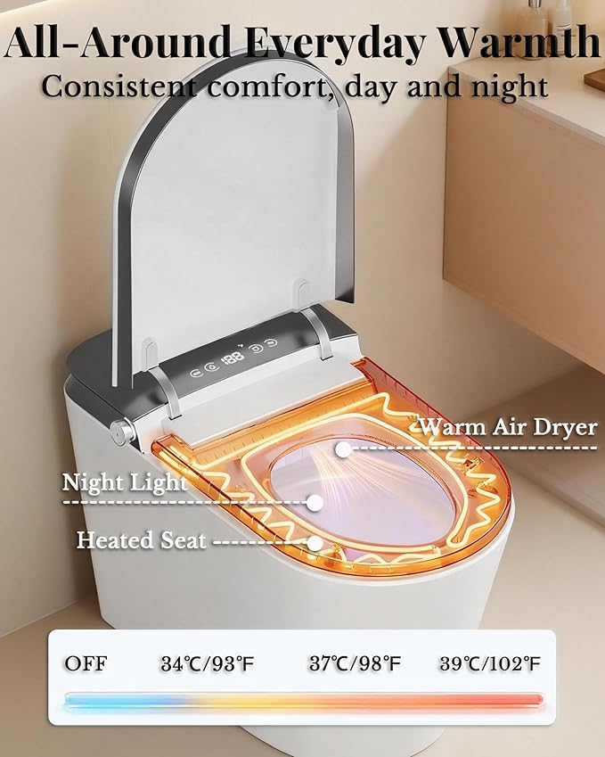 Luxury Smart Toilet with Bidet Built In, Auto Open/Close Lid & Seat, Blackout Flush, Foam Shield, Odor Control, ADA Comfort Height One Piece Elongated Toilet, Tank Built-In, Heated Seat