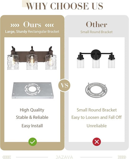3-Light Bathroom Vanity Light,Hammered Glass,Oil Rubbed Bronze | 19.6 Inch Over Mirror Wall Light,E26 sockets,for bathroom mirror,powder room,dressing area