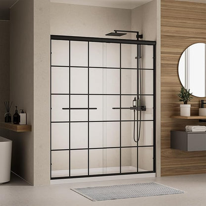 Semi-Frameless Sliding Shower Door 44-48"W x 72"H ,Grid Pattern Matte Black | Grid Pattern Design,6mm SGCC Tempered Glass,Nano Coating Easy Clean.Walk-in & Bathtub Use,Reversible Installation