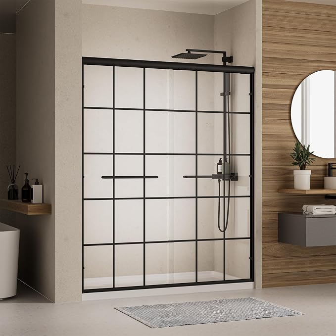 Semi-Frameless Sliding Shower Door 56-60"W x 72"H ,Grid Pattern Matte Black | Grid Pattern Design,6mm SGCC Tempered Glass,Nano Coating Easy Clean.Walk-in & Bathtub Use,Reversible Installation