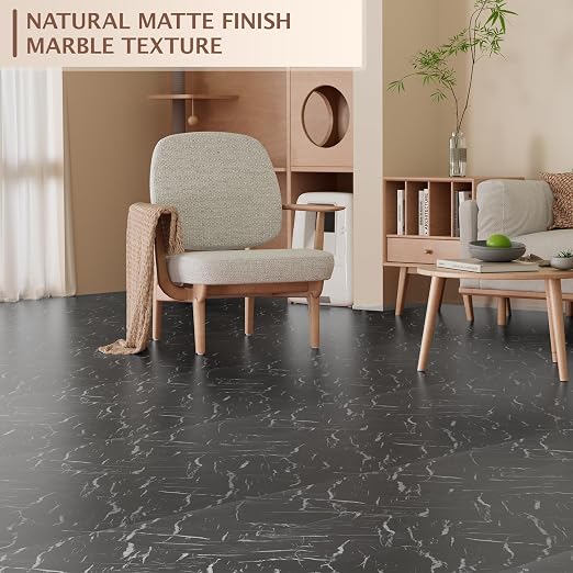 Peel and Stick Floor Tile, 30 PCS 12" x 12" Waterproof Marble Texture Luxury Vinyl Tiles, Easy DIY Self Adhesive Vinyl Flooring for Bathroom, Kitchen, Living Room, Black Marble