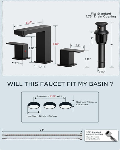 FORIOUS Black Bathroom Faucet 3 Hole, Matte Black Bathroom Sink Faucet 8 Inch Widespread, 2 Handle for Restroom Sink with Pop Up Drain, CUPC Supply Hose and Spare Water Saving Aerator, Vanity 3 Holes
