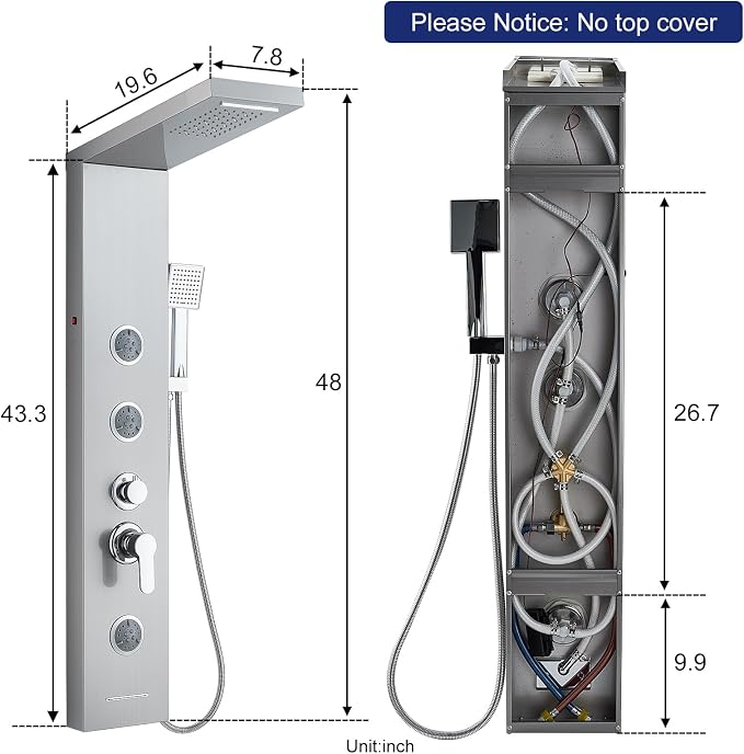 ROVATE 6-in-1 LED Rainfall Waterfall Shower Panel Tower System, Brushed | High Pressure Stainless Steel Shower Column with Tub Spout, 2-Setting Body Jets and Flexible Handheld, Water Flow Adjustable