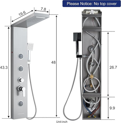 ROVATE 6-in-1 LED Rainfall Waterfall Shower Panel Tower System, Brushed | High Pressure Stainless Steel Shower Column with Tub Spout, 2-Setting Body Jets and Flexible Handheld, Water Flow Adjustable