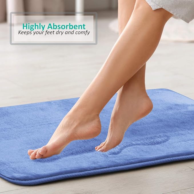Clara Clark 3 Piece Bathroom Rugs Bath Mat Set, Velvet Memory Foam Bath Mats for Bathroom - Non-Slip, PVC Backing Bath Rugs, Washable - Dries Quickly, Blue