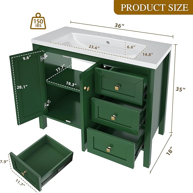 DWVO 36 Inch Bathroom Vanity with Sink Combo, Modern Bathroom Storage Cabinet with Resin Basin, Three Holes, 2 Doors & 3 Drawers, Green