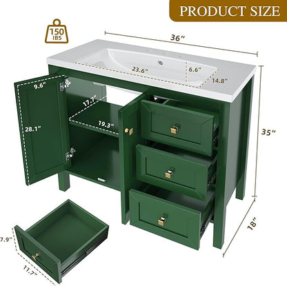 DWVO 36 Inch Bathroom Vanity with Sink Combo, Modern Bathroom Storage Cabinet with Resin Basin, Three Holes, 2 Doors & 3 Drawers, Green