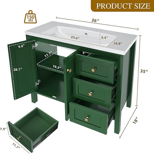 DWVO 36 Inch Bathroom Vanity with Sink Combo, Modern Bathroom Storage Cabinet with Resin Basin, Three Holes, 2 Doors & 3 Drawers, Green