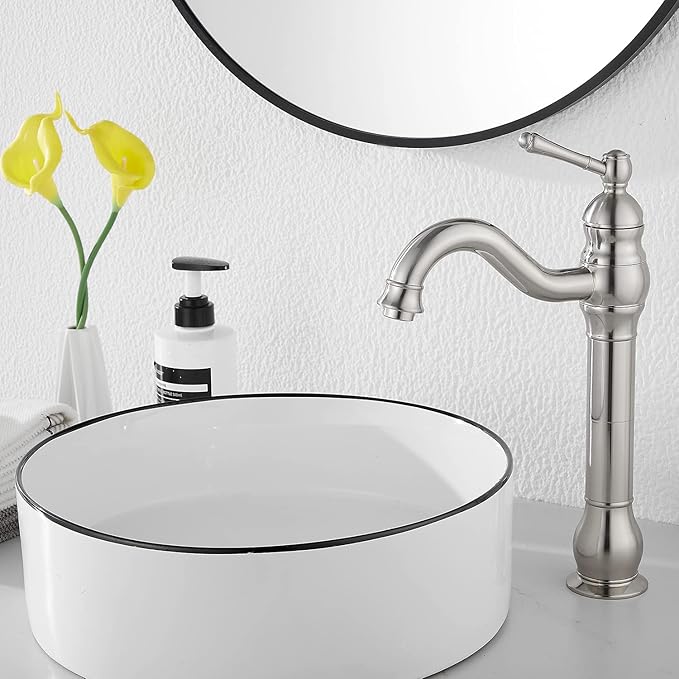 GGStudy 360° Swivel Single Handle One Hole Bathroom Vessel Sink Faucet Matching Pop Up Drain Without Overflow Brushed Nickel