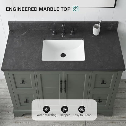 HOMEBEYOND 48 Inch Bathroom Vanity with Single Sink & Ceramic Top, Vanity Cabinet with Center Countertop Basin, Soft-Closing Doors, Backsplash, Vintage Green