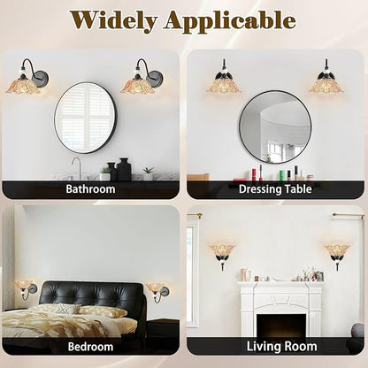 Black Wall Sconces with Floral Amber Glass Shades, Black Farmhouse Wall Mount Lighting for Bathroom,Vintage Bathroom Vanity Light Fixtures