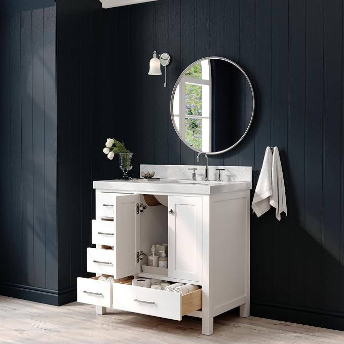 ARIEL Cambridge 36-inch Bathroom Vanity with Sink,Solid Wood, 2-inch Italian Carrara Marble Countertop, Single Rectangular Porcelain Sink, 2 Soft Closing Doors, 5 Dovetail Drawers, White