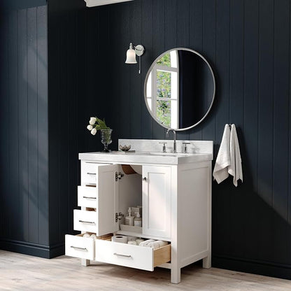 ARIEL Cambridge 36-inch Bathroom Vanity with Sink,Solid Wood, 2-inch Italian Carrara Marble Countertop, Single Rectangular Porcelain Sink, 2 Soft Closing Doors, 5 Dovetail Drawers, White