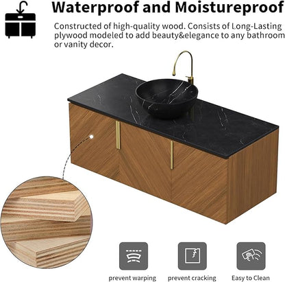 LKTART 48 Inch Bathroom Vanity with Sink, Modern Wall Mounted Bathroom Sink with 3 Doors, Black Sintered Stone Countertop and Black Bowl Ceramic Basin