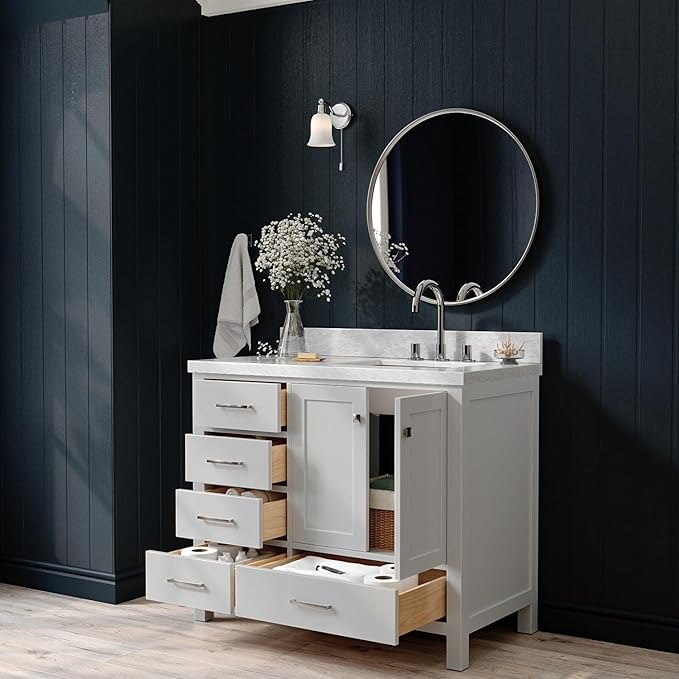 ARIEL Cambridge 42-inch Bathroom Vanity with Sink,Solid Wood, 1.5-inch Italian Carrara Marble Countertop, Single Rectangular Porcelain Sink, 2 Soft Closing Doors, 5 Dovetail Drawers, Grey