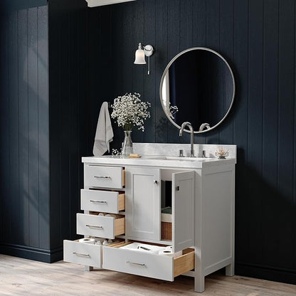 ARIEL Cambridge 42-inch Bathroom Vanity with Sink,Solid Wood, 1.5-inch Italian Carrara Marble Countertop, Single Rectangular Porcelain Sink, 2 Soft Closing Doors, 5 Dovetail Drawers, Grey