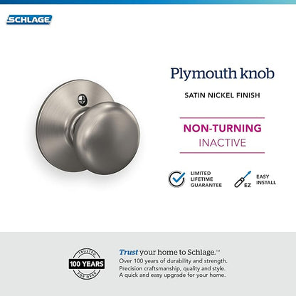 Schlage F170 PLY 619 Plymouth Door Knob, One Sided Non-Turning Dummy Door Handle, Satin Nickel