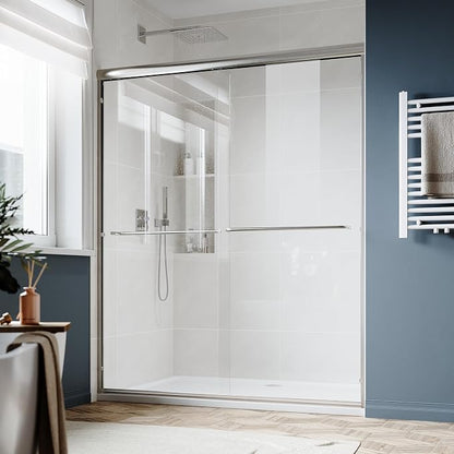 SUNNY SHOWER Double Sliding Glass Door 60" W x 72" H Shower Door 1/4" Tempered Glass Sliding Door Semi-Frameless Shower Glass Enclosure Bypass Walk in Shower Cabin, Brushed Nickel