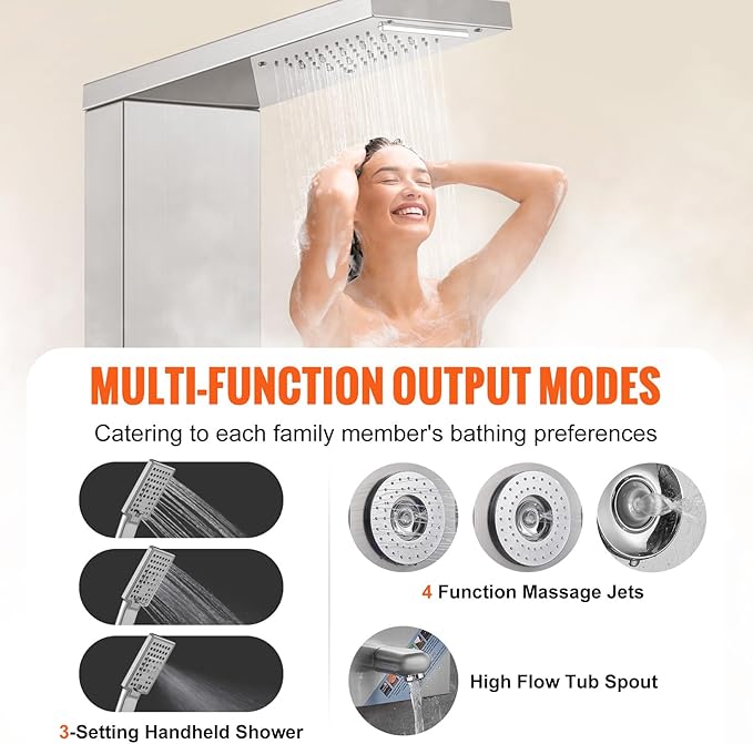 VEVOR Shower Panel Tower System, 6 Shower Modes, LED & Display Shower Panel, Rainfall, Waterfall, 4 Body Massage Jets, Tub Spout, Handheld Shower Head 59" Hose, Stainless Steel Wall-Mounted Shower Set