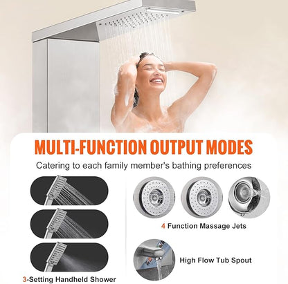 VEVOR Shower Panel Tower System, 6 Shower Modes, LED & Display Shower Panel, Rainfall, Waterfall, 4 Body Massage Jets, Tub Spout, Handheld Shower Head 59" Hose, Stainless Steel Wall-Mounted Shower Set