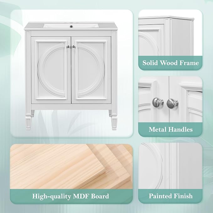 30" Bathroom Vanity with Sink, Storage Cabinet with Drawer, Two Doors with Shelf, Soft Close Door Hinges, Vintage Style, White