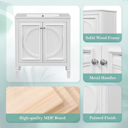 30" Bathroom Vanity with Sink, Storage Cabinet with Drawer, Two Doors with Shelf, Soft Close Door Hinges, Vintage Style, White